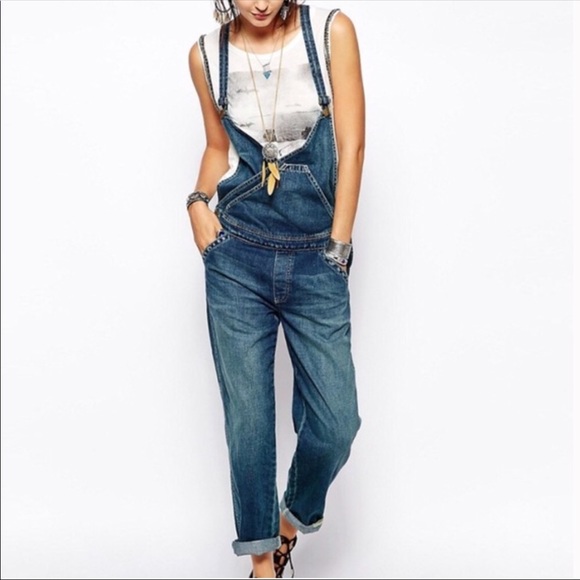 free people blue farm denim surplice overalls - Picture 3 of 5